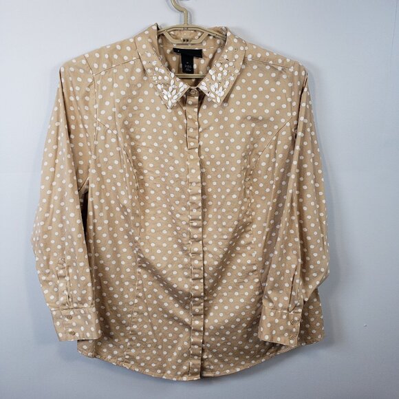 Lane Bryant Tops - Lane Bryant Size 24 Top Hidden Button Tan White Polka Dot Embellished Shirt/A216